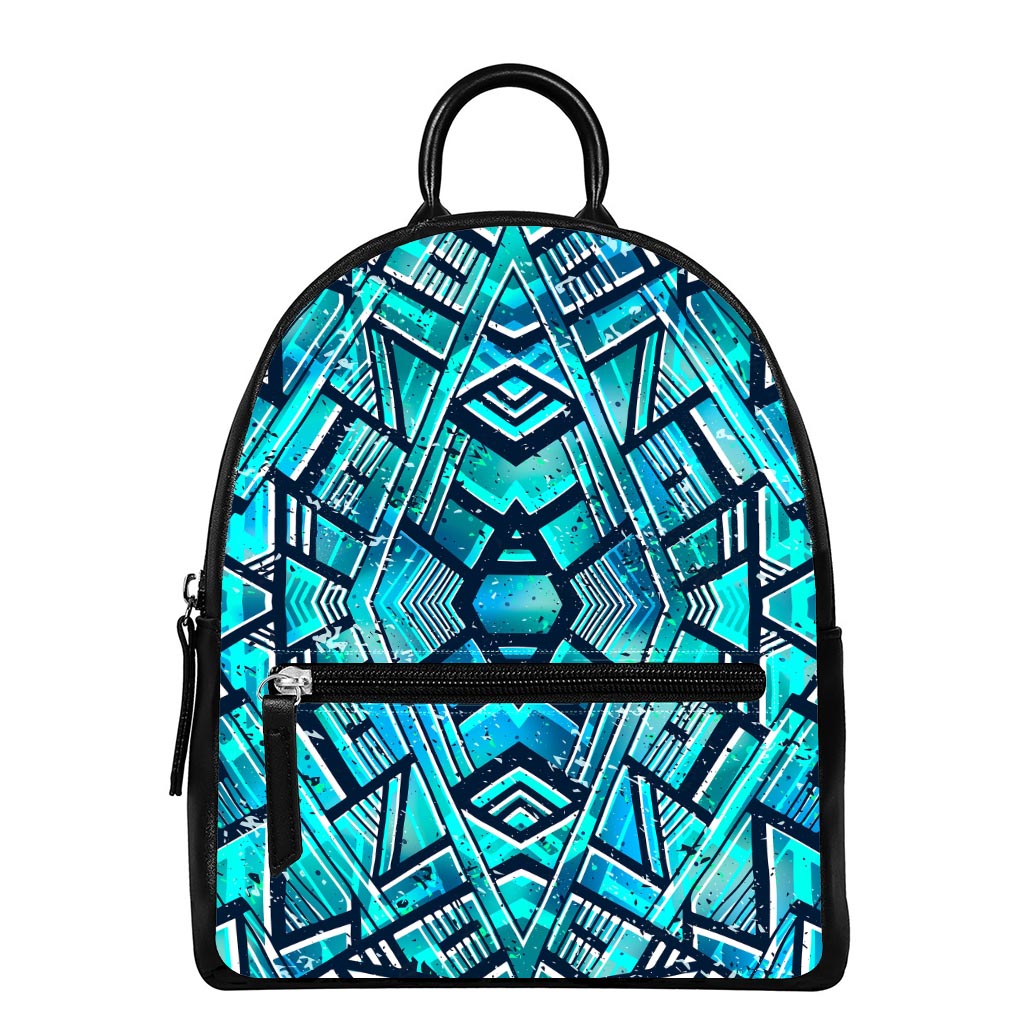 Turquoise Ethnic Aztec Trippy Print Leather Backpack