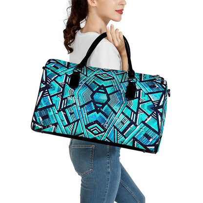 Turquoise Ethnic Aztec Trippy Print Leather Duffle Bag