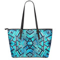 Turquoise Ethnic Aztec Trippy Print Leather Tote Bag With Zipper