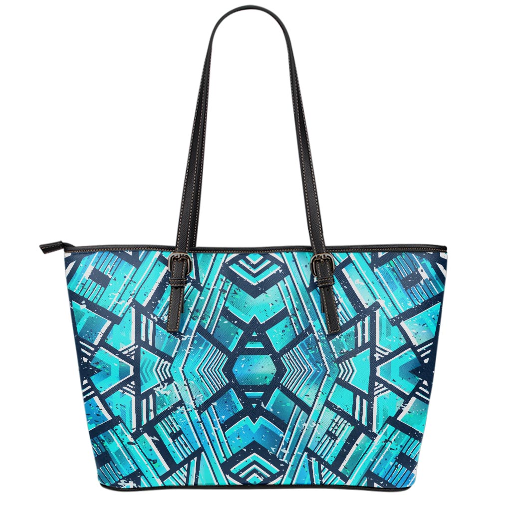 Turquoise Ethnic Aztec Trippy Print Leather Tote Bag