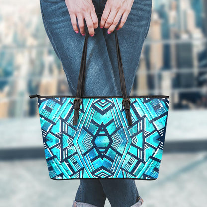 Turquoise Ethnic Aztec Trippy Print Leather Tote Bag