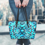 Turquoise Ethnic Aztec Trippy Print Leather Tote Bag