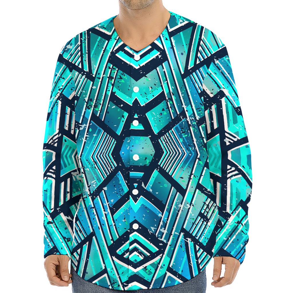 Turquoise Ethnic Aztec Trippy Print Long Sleeve Baseball Jersey