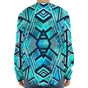 Turquoise Ethnic Aztec Trippy Print Long Sleeve Baseball Jersey