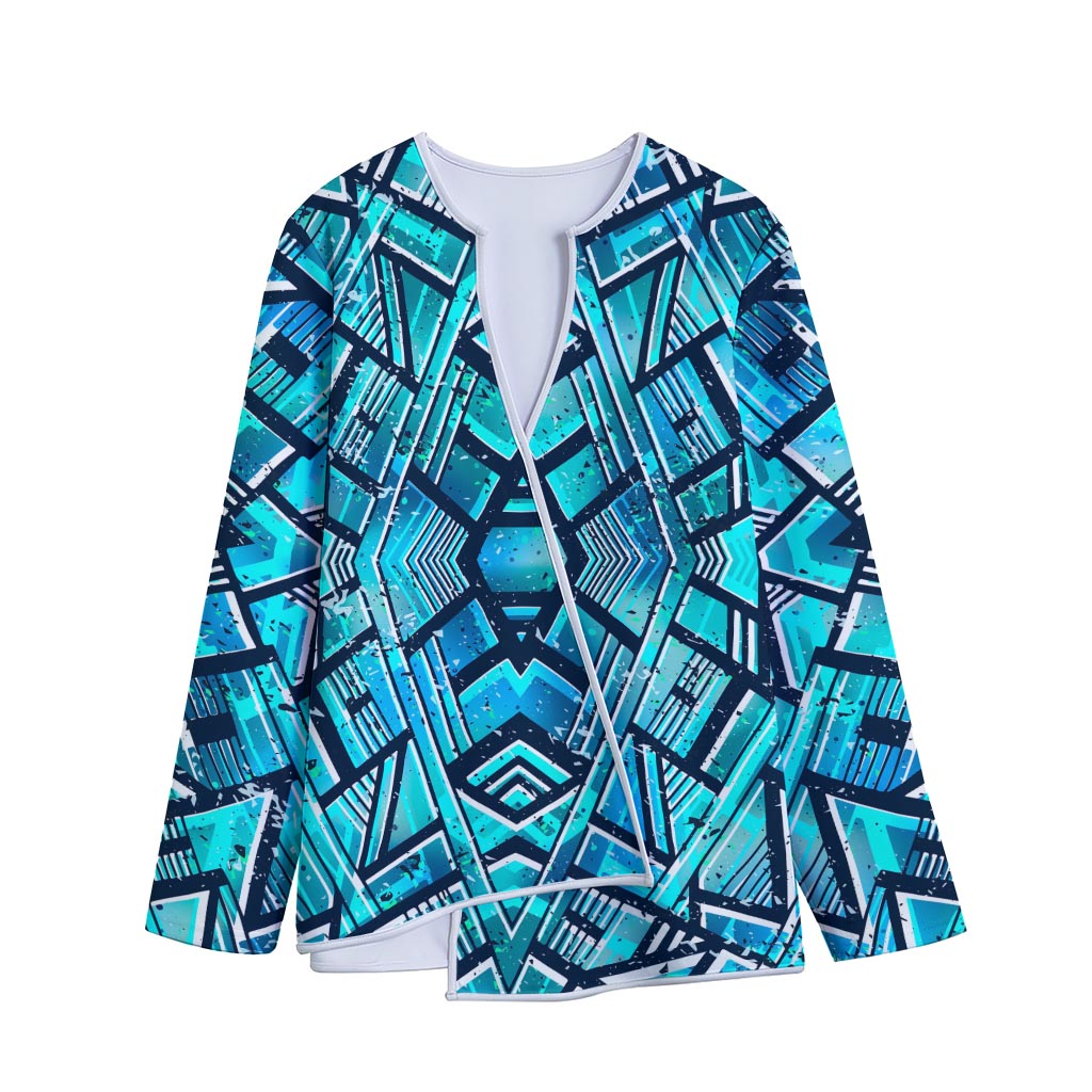 Turquoise Ethnic Aztec Trippy Print Long Sleeve Short Coat