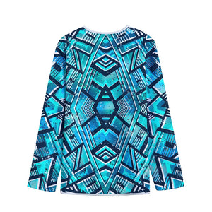 Turquoise Ethnic Aztec Trippy Print Long Sleeve Short Coat