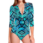 Turquoise Ethnic Aztec Trippy Print Long Sleeve Swimsuit