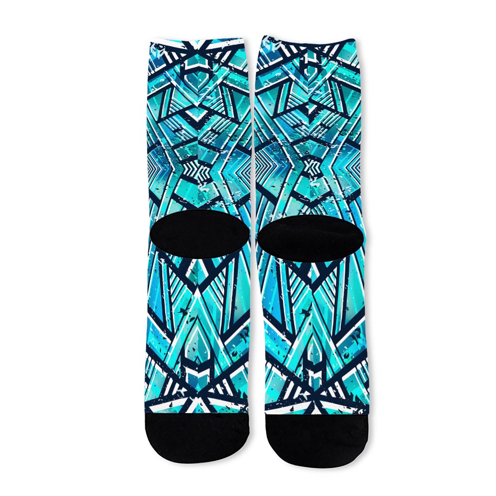 Turquoise Ethnic Aztec Trippy Print Long Socks