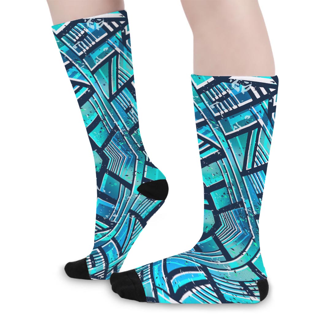 Turquoise Ethnic Aztec Trippy Print Long Socks