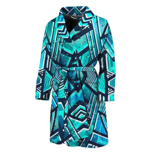 Turquoise Ethnic Aztec Trippy Print Men's Bathrobe