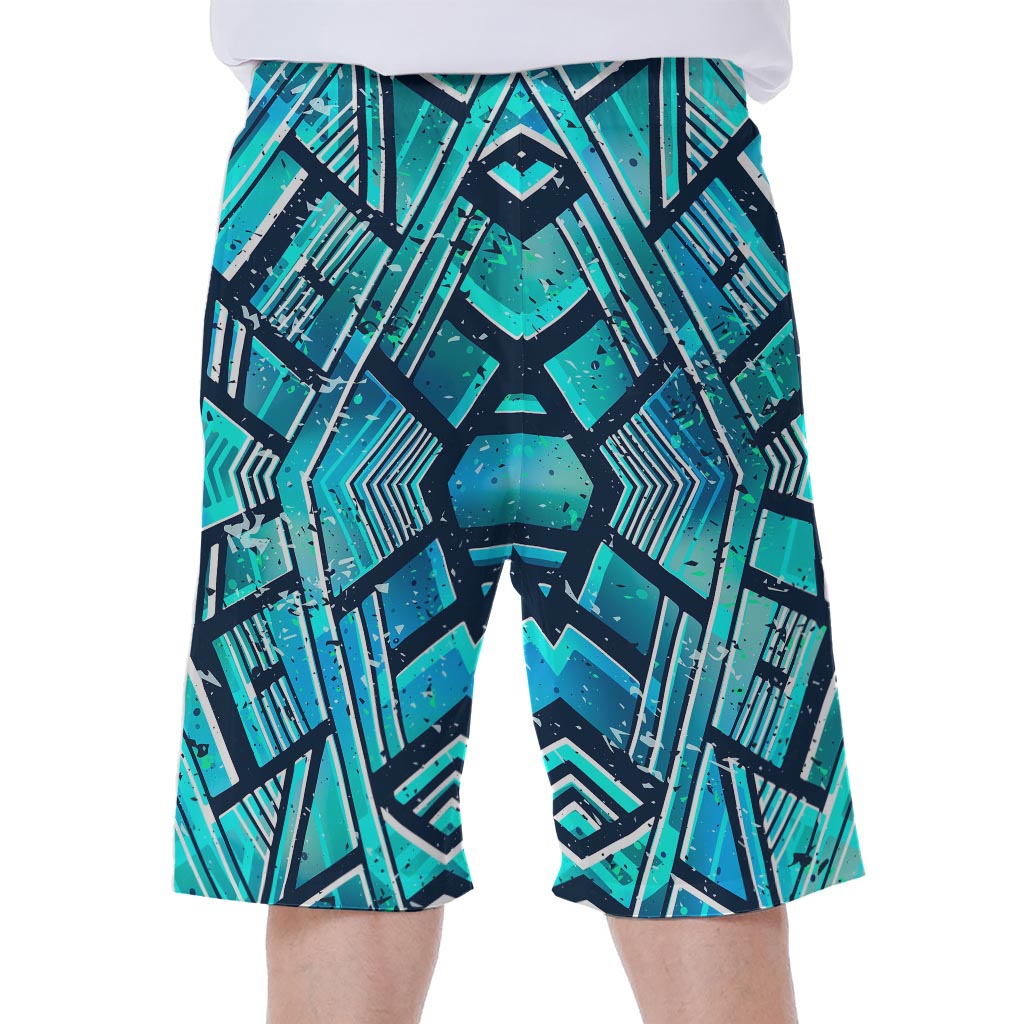 Turquoise Ethnic Aztec Trippy Print Men's Beach Shorts