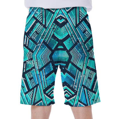Turquoise Ethnic Aztec Trippy Print Men's Beach Shorts