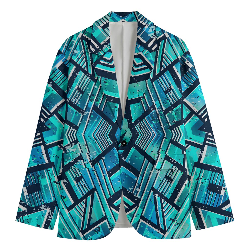 Turquoise Ethnic Aztec Trippy Print Men's Cotton Blazer