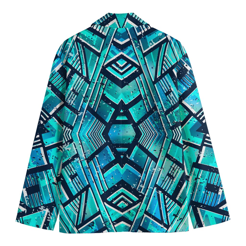 Turquoise Ethnic Aztec Trippy Print Men's Cotton Blazer