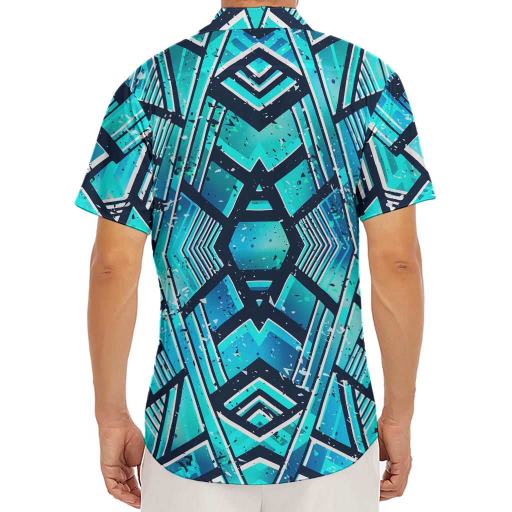 Turquoise Ethnic Aztec Trippy Print Men's Deep V-Neck Shirt