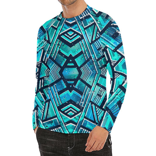 Turquoise Ethnic Aztec Trippy Print Men's Long Sleeve Rash Guard