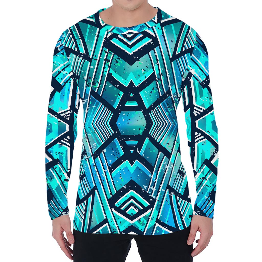 Turquoise Ethnic Aztec Trippy Print Men's Long Sleeve T-Shirt