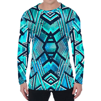 Turquoise Ethnic Aztec Trippy Print Men's Long Sleeve T-Shirt