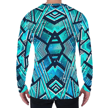 Turquoise Ethnic Aztec Trippy Print Men's Long Sleeve T-Shirt