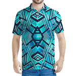 Turquoise Ethnic Aztec Trippy Print Men's Polo Shirt