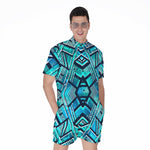 Turquoise Ethnic Aztec Trippy Print Men's Rompers