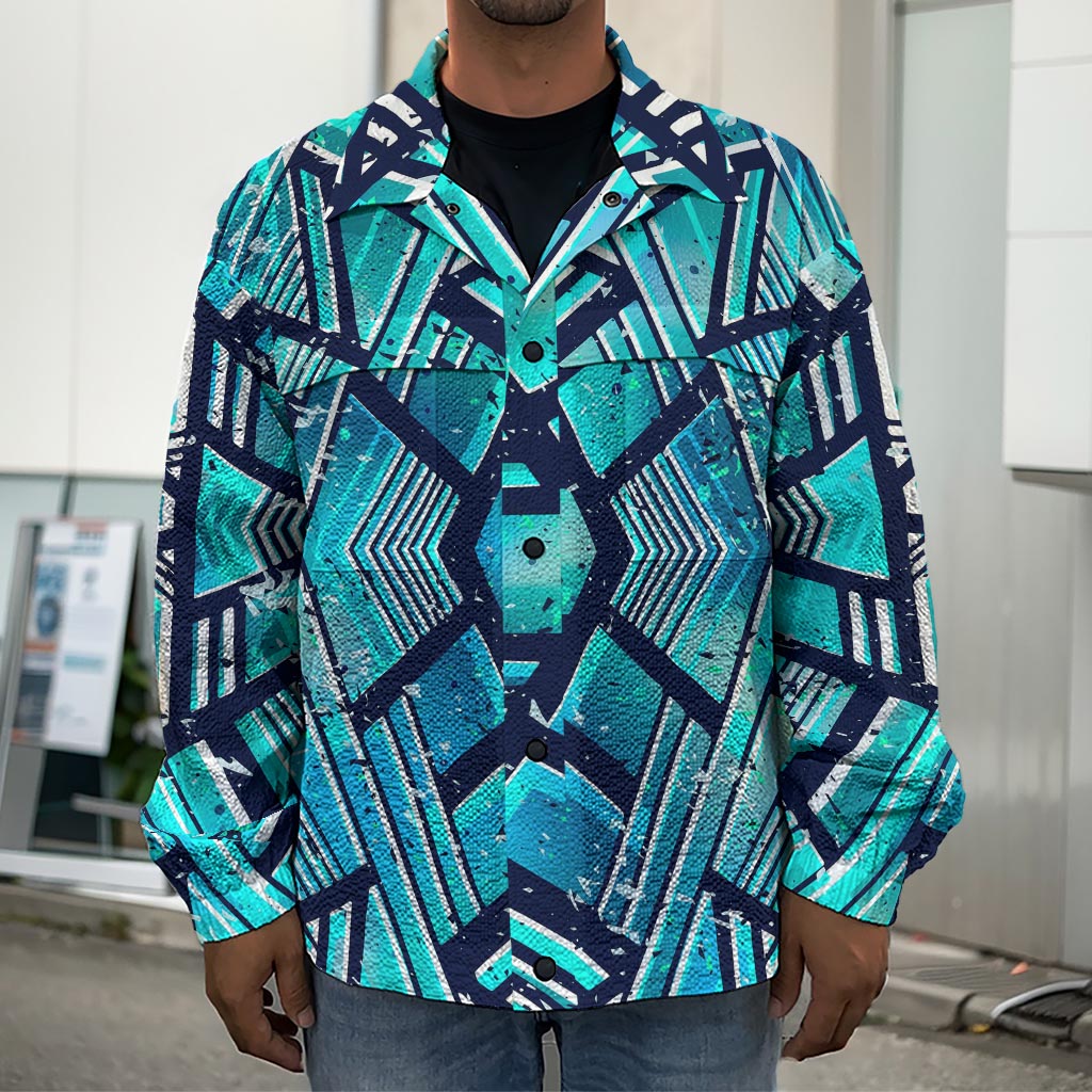 Turquoise Ethnic Aztec Trippy Print Men's Shirt Jacket