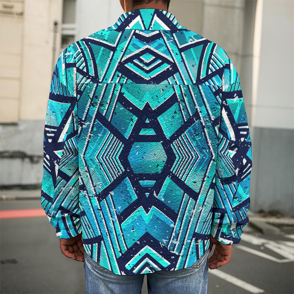 Turquoise Ethnic Aztec Trippy Print Men's Shirt Jacket