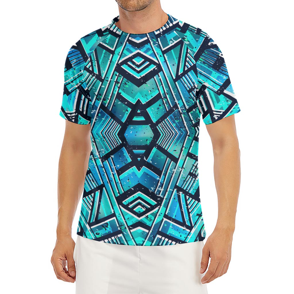 Turquoise Ethnic Aztec Trippy Print Men's Short Sleeve Rash Guard