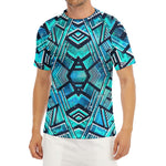 Turquoise Ethnic Aztec Trippy Print Men's Short Sleeve Rash Guard