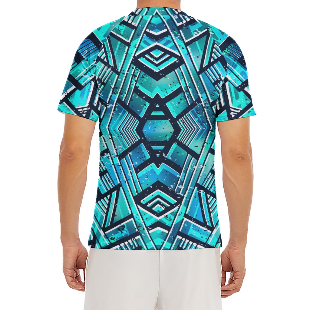 Turquoise Ethnic Aztec Trippy Print Men's Short Sleeve Rash Guard