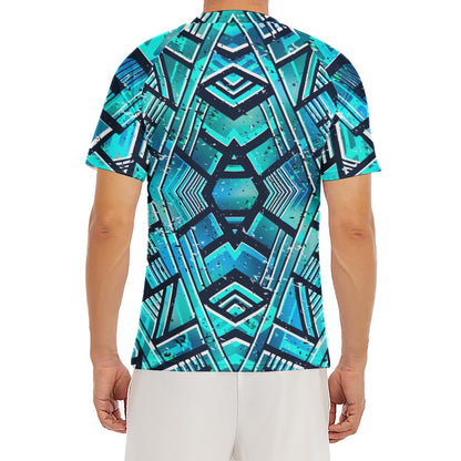 Turquoise Ethnic Aztec Trippy Print Men's Short Sleeve Rash Guard