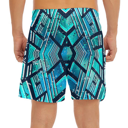 Turquoise Ethnic Aztec Trippy Print Men's Split Running Shorts