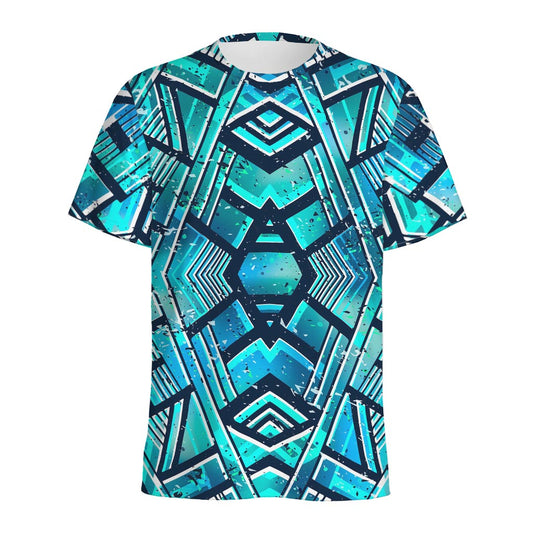 Turquoise Ethnic Aztec Trippy Print Men's Sports T-Shirt