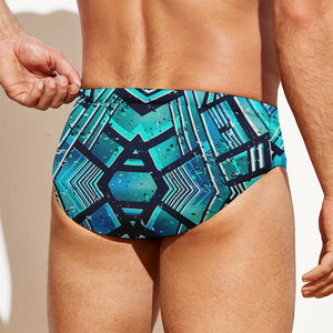 Turquoise Ethnic Aztec Trippy Print Men's Swim Briefs