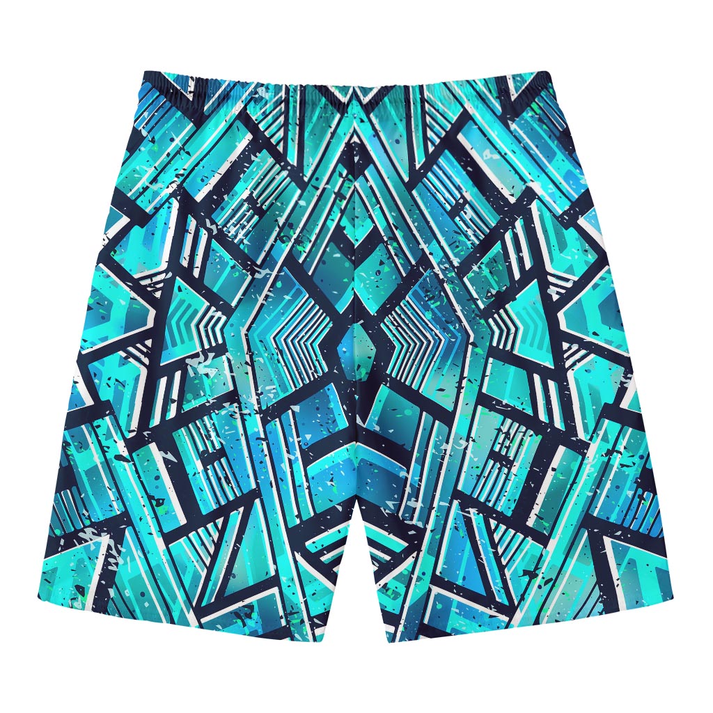 Turquoise Ethnic Aztec Trippy Print Men's Swim Trunks