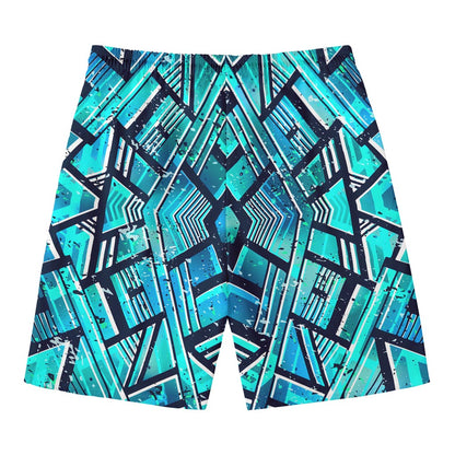 Turquoise Ethnic Aztec Trippy Print Men's Swim Trunks