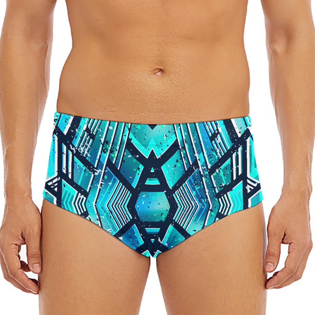 Turquoise Ethnic Aztec Trippy Print Men's Triangle Swim Briefs