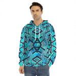 Turquoise Ethnic Aztec Trippy Print Men's Velvet Pullover Hoodie