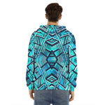 Turquoise Ethnic Aztec Trippy Print Men's Velvet Pullover Hoodie