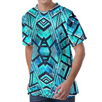 Turquoise Ethnic Aztec Trippy Print Men's Velvet T-Shirt