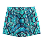Turquoise Ethnic Aztec Trippy Print Mesh Shorts