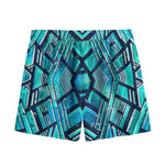 Turquoise Ethnic Aztec Trippy Print Mesh Shorts
