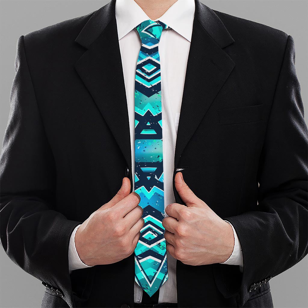 Turquoise Ethnic Aztec Trippy Print Necktie