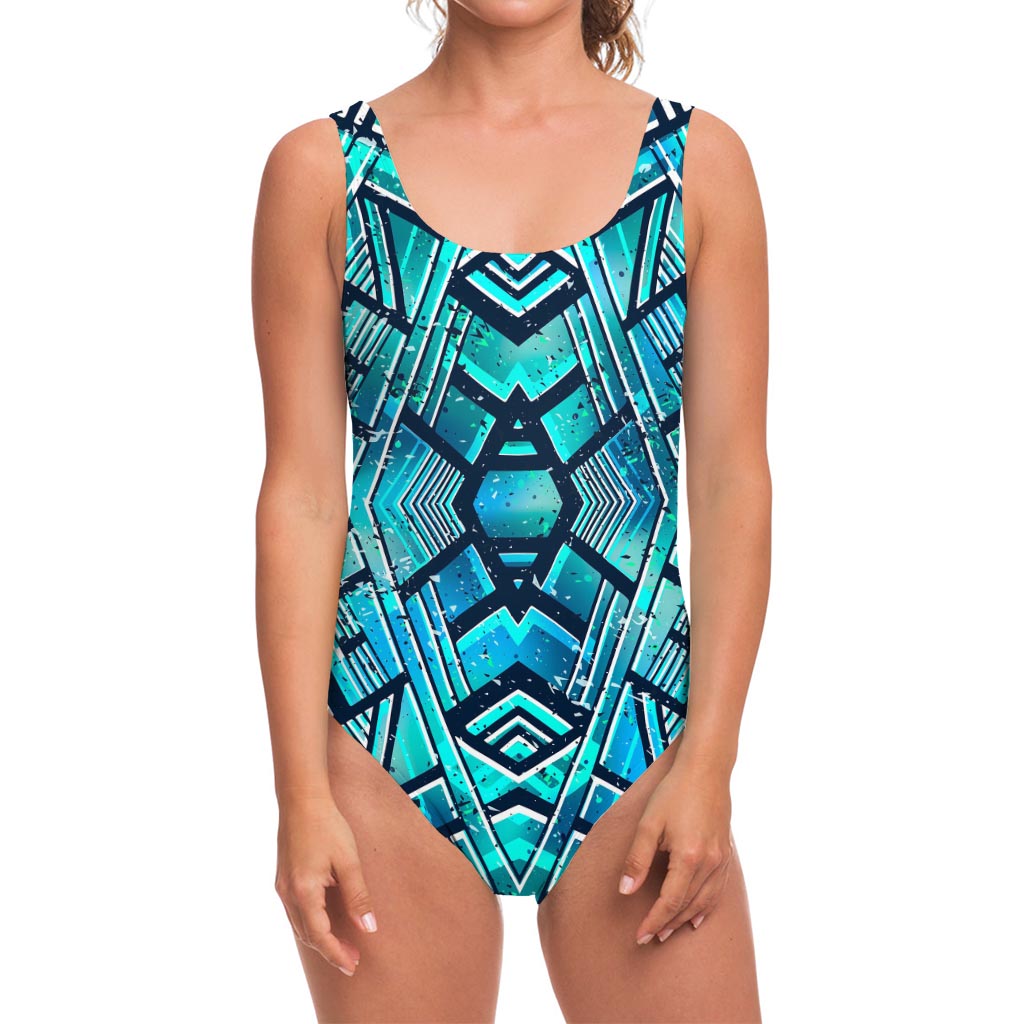 Turquoise Ethnic Aztec Trippy Print One Piece Swimsuit