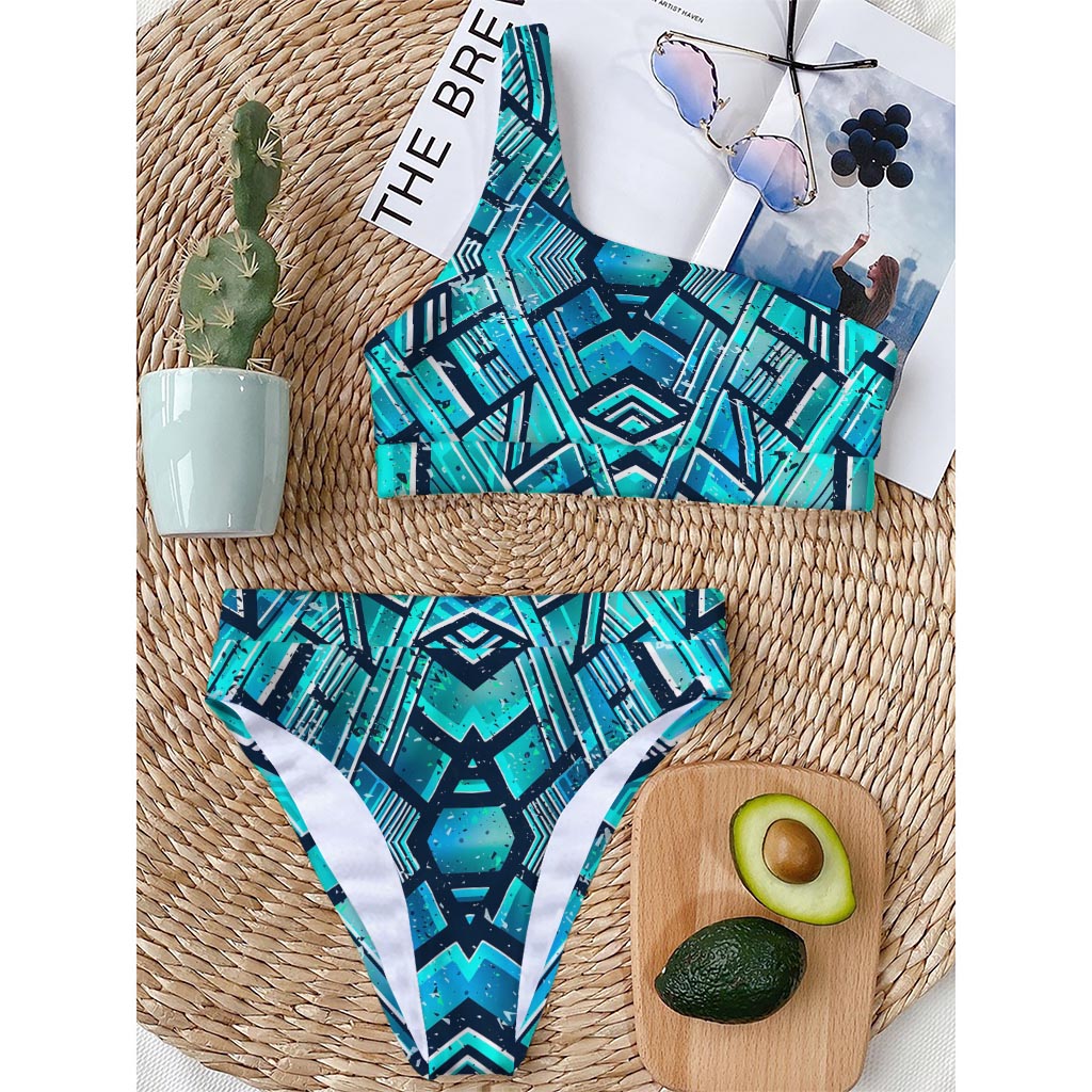 Turquoise Ethnic Aztec Trippy Print One Shoulder Bikini Top