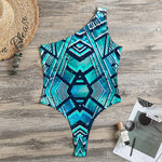 Turquoise Ethnic Aztec Trippy Print One Shoulder Bodysuit