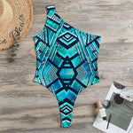 Turquoise Ethnic Aztec Trippy Print One Shoulder Bodysuit