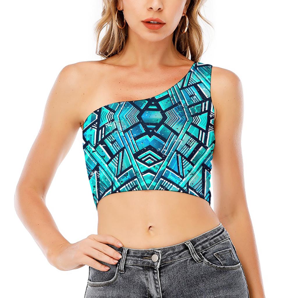 Turquoise Ethnic Aztec Trippy Print One Shoulder Crop Top