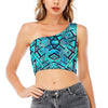 Turquoise Ethnic Aztec Trippy Print One Shoulder Crop Top