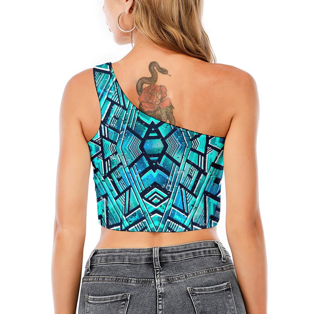 Turquoise Ethnic Aztec Trippy Print One Shoulder Crop Top